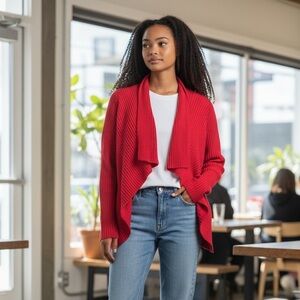 Lauren Ralph Lauren Red Ribbed Drape Front Cardigan Petite Medium